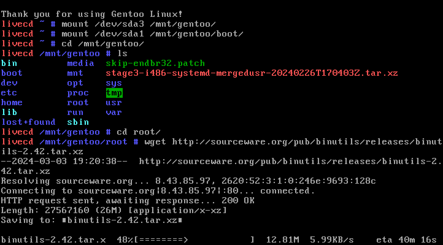 86Box emulating a 486 downloading binutils
